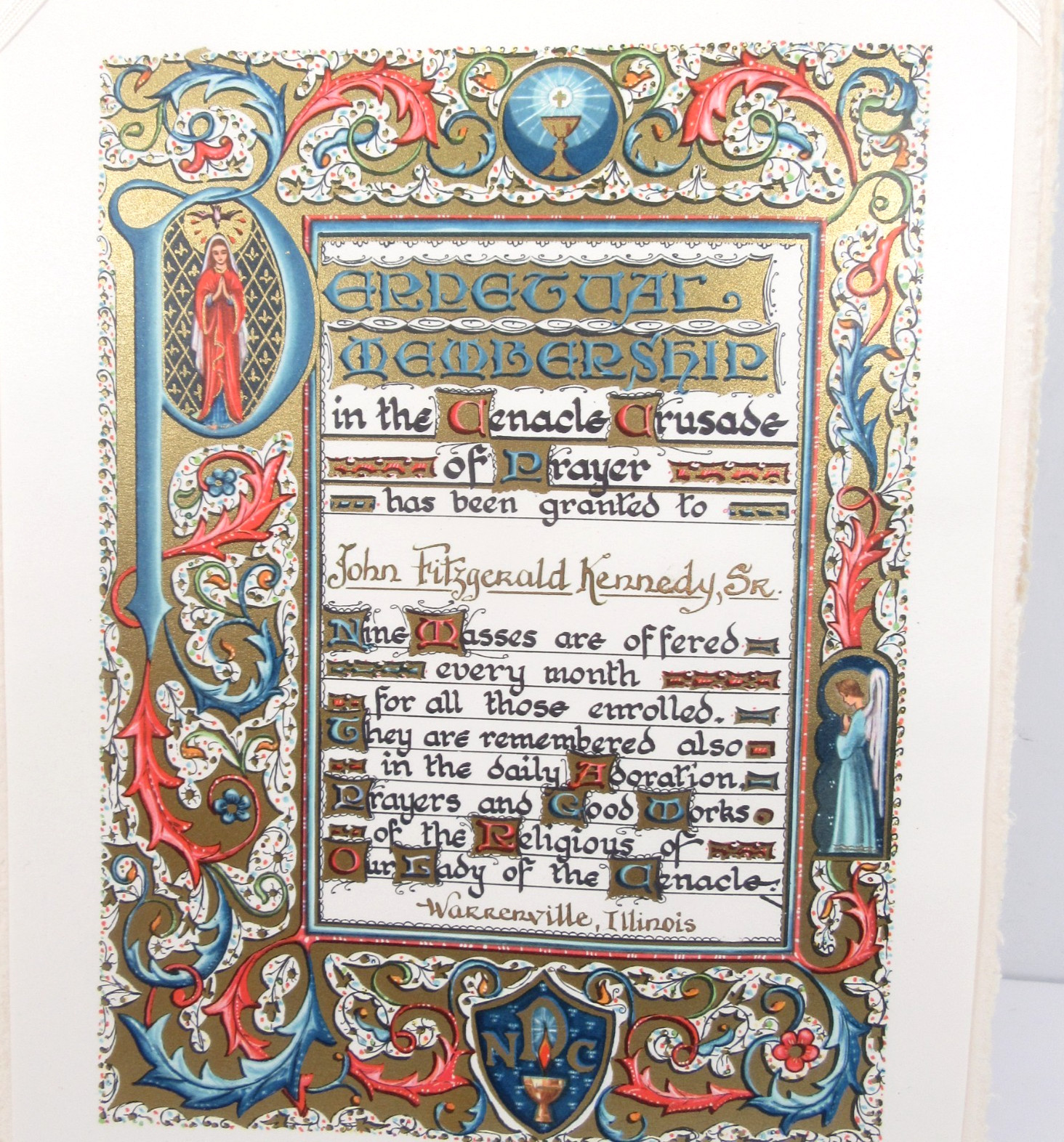 John F. Kennedy JFK Perpetual Membership Certificate Cenacle Crusade of Prayer