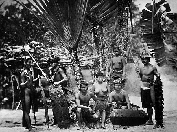 Indonesia Borneo Kalimantan Dayak people with spears and shields Old Photo