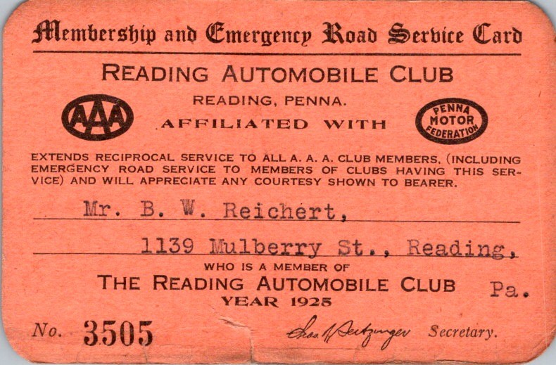 1925 Reading Auto Club Membership Card & Service Rules Chas Seitzinger AAA PA
