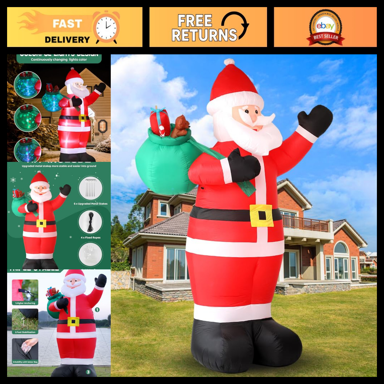 12FT Giant Christmas Inflatable Santa - LED Lighted Blow Up Yard Decor, Holiday