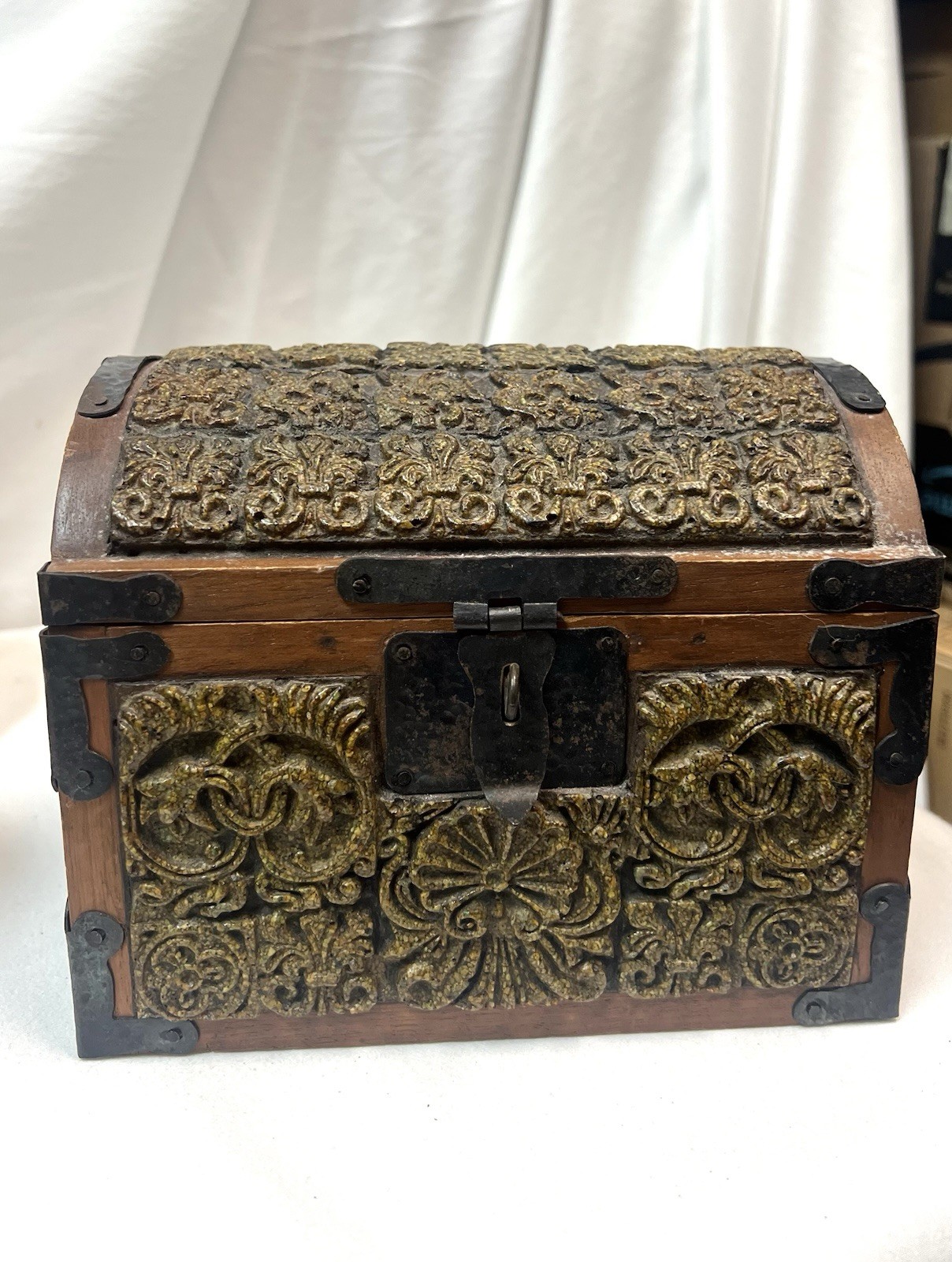 VTG Original Zarebski Mexico Wood Jewelry Box Crushed Malachite Renaissance MCM 