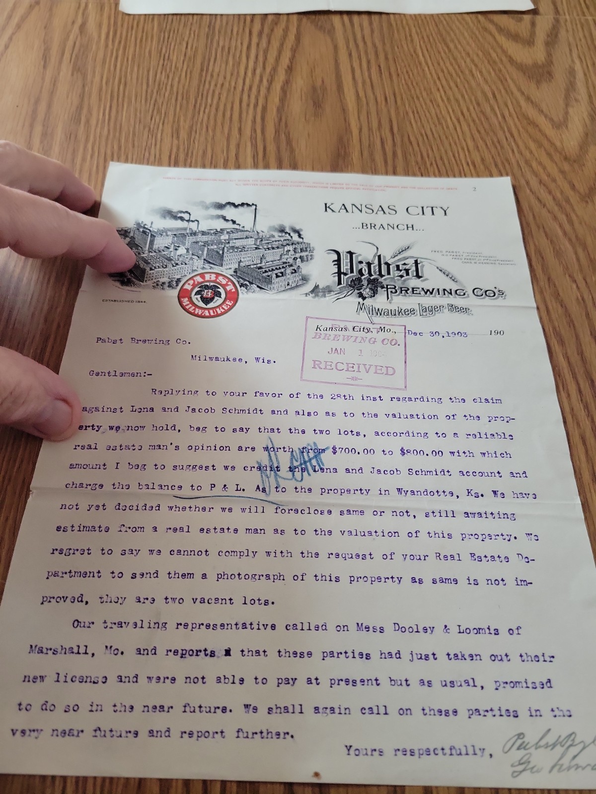 (VTG) 1903 Pabst beer Brewing Co  Letter Head Kansas City Branch PBR