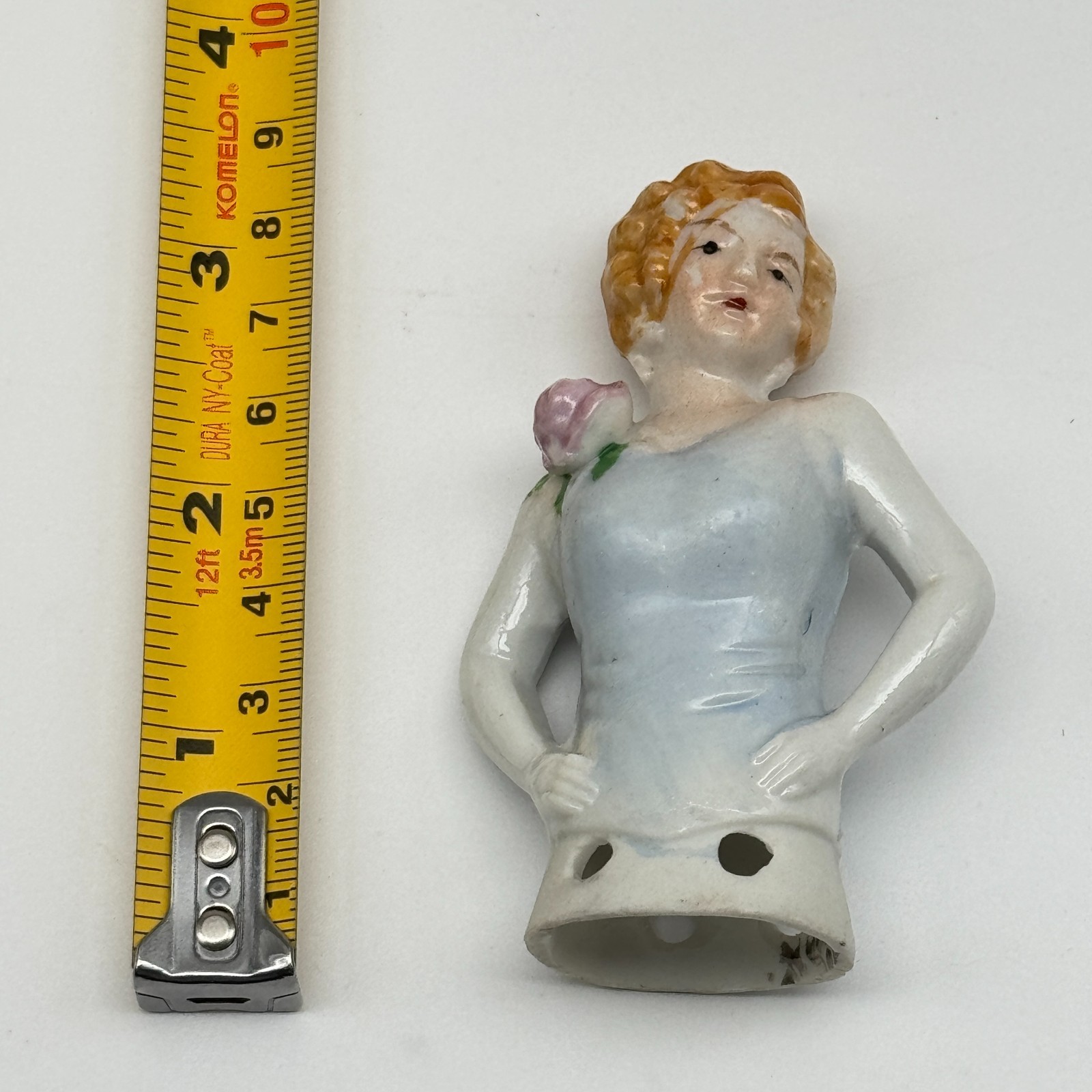 Vintage 1920s Porcelain Flapper Half Doll Pin Cushion Light Blue Top Rose China