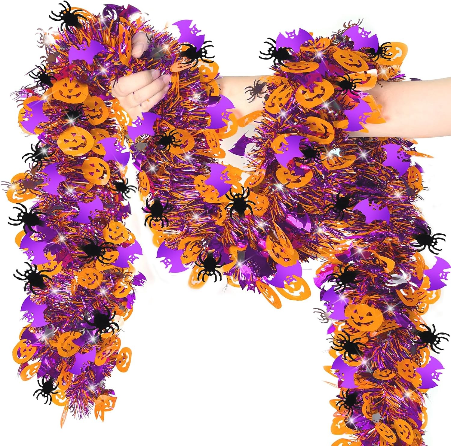 50 FT Halloween Tinsel Garland with Orange Pumpkin Black Spider 