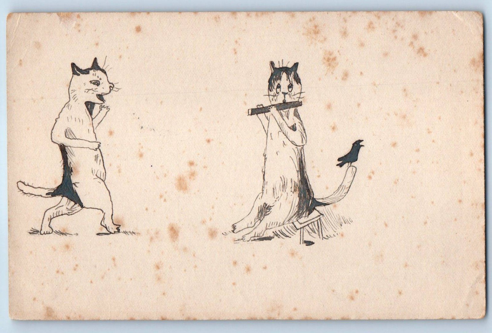 c1910's Two Cat Playing Flute Hand Drawn Art Animals Posted Antique Postcard