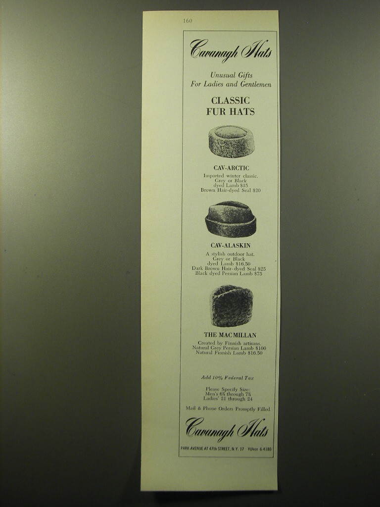 1960 Cavanagh Fur Hats Ad - Cav-Arctic, Cav-Alaskin, and The Macmillan