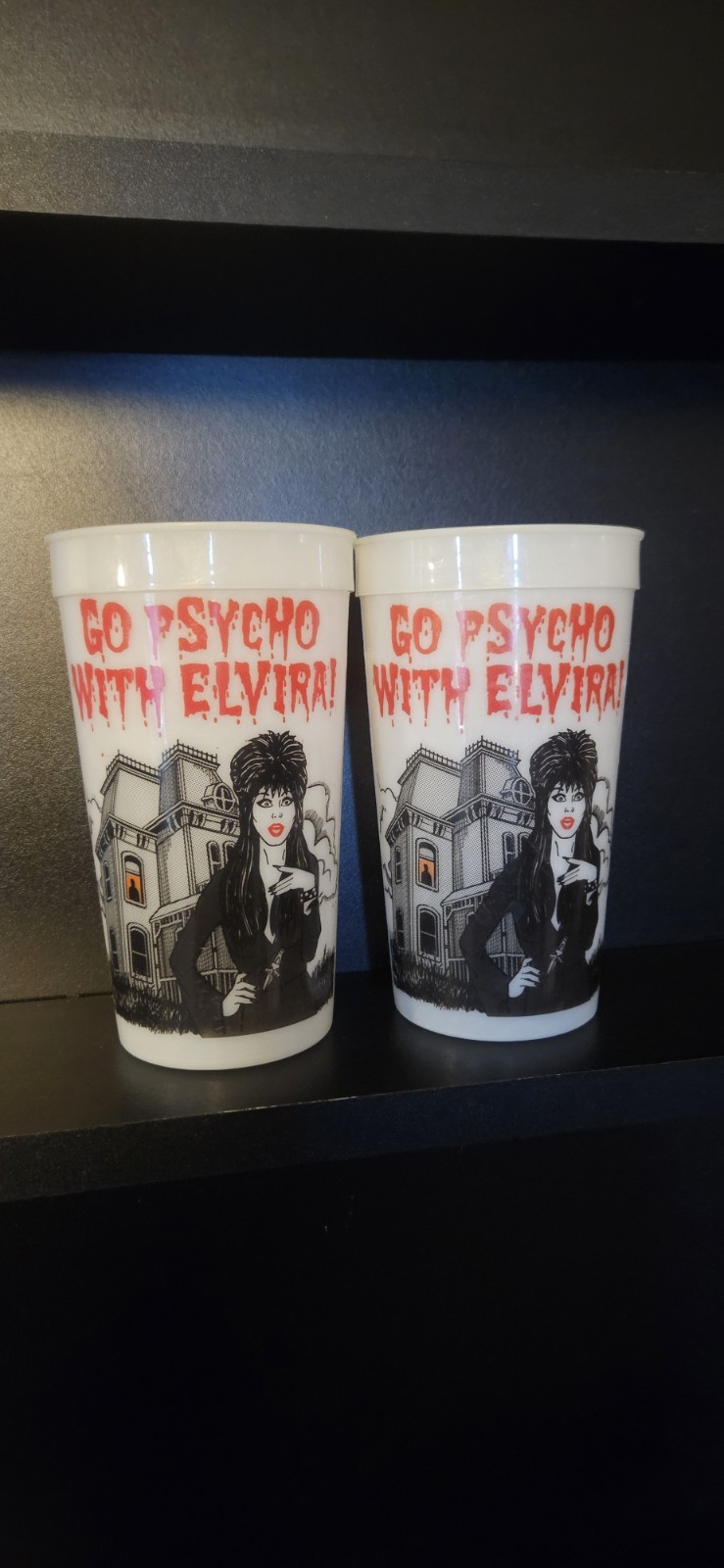 Lot Of 2 Vintage 1989 Elvira Glow In The Dark Cup Go Psycho Wienerschnitzel...