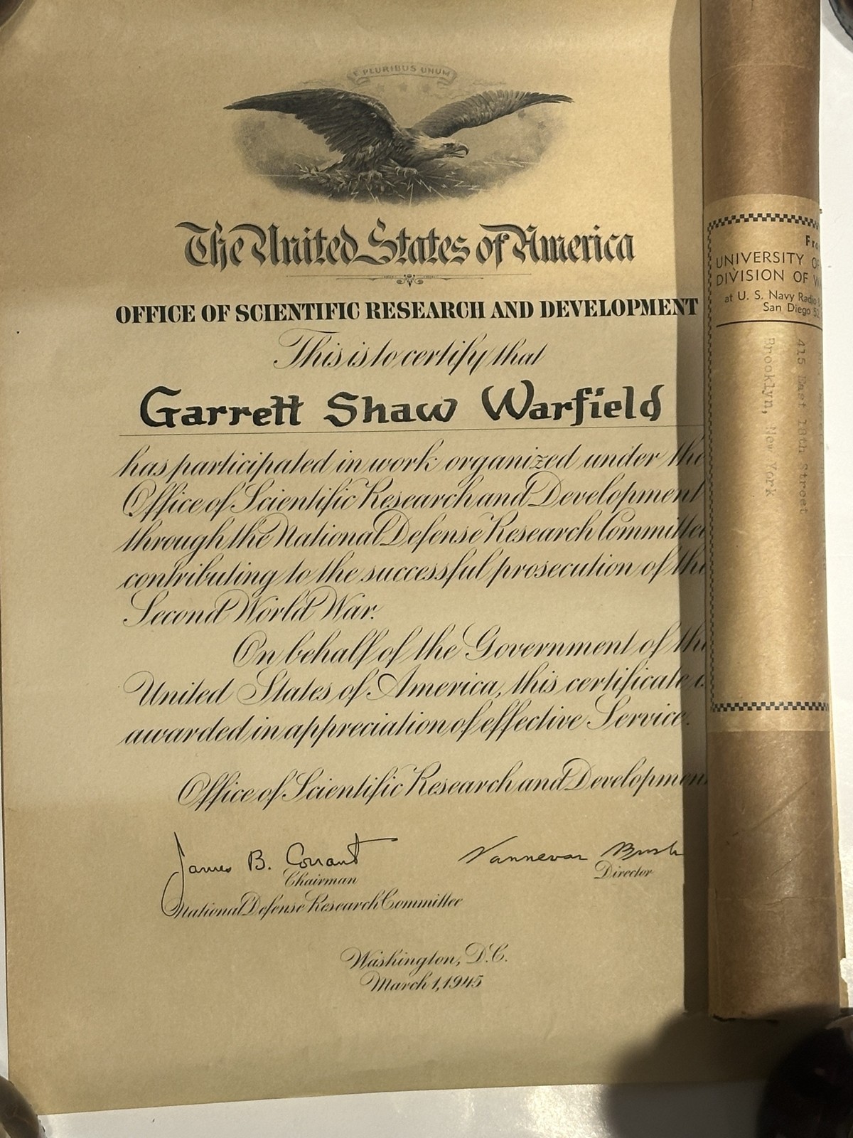 Vintage 1945 US OSRD WWII Service Certificate Garrett Shaw Warfield Wash DC