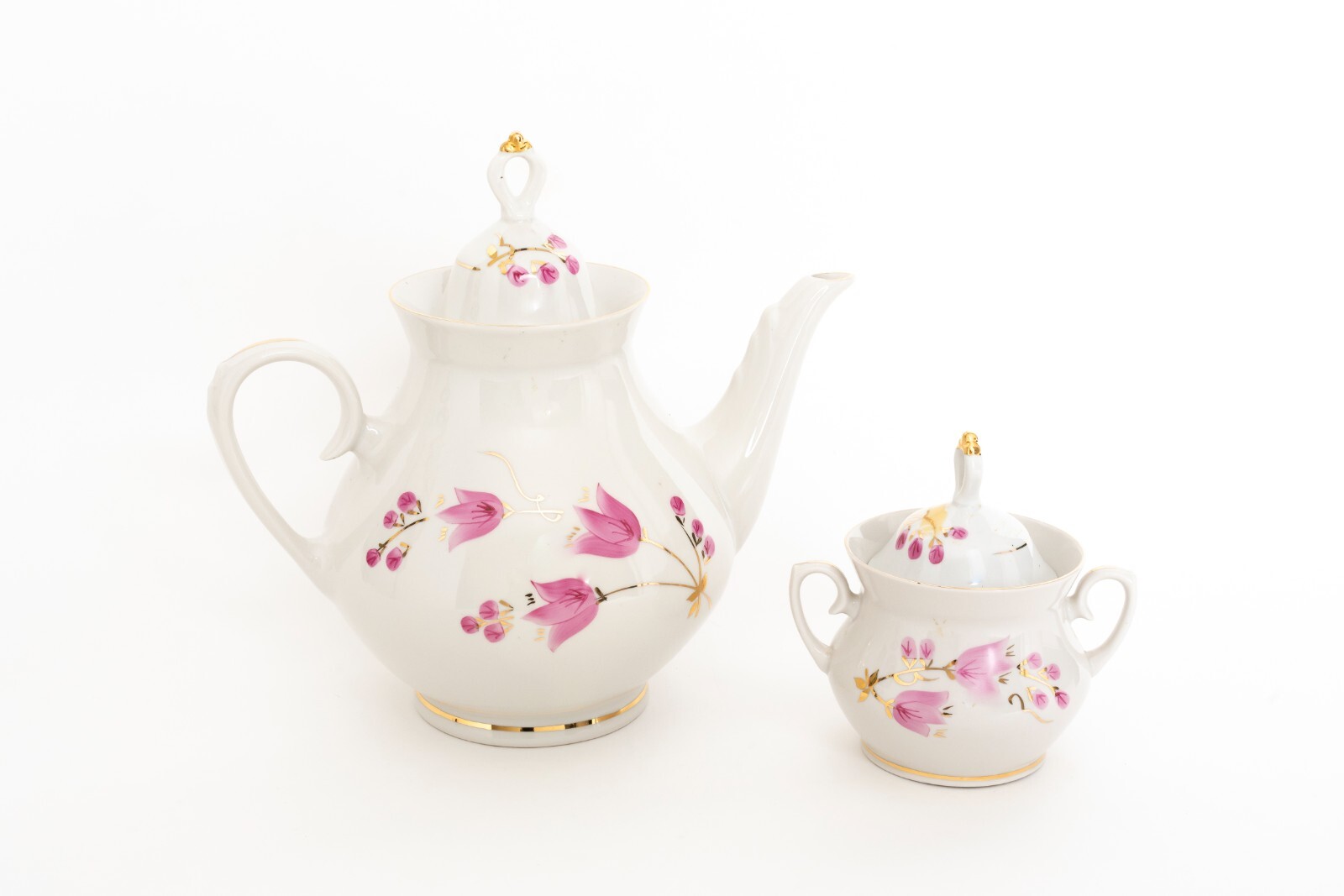 VINTAGE HAND PAINTED PINK FLORAL & GOLD TRIM PORCELAIN COFFEE POT & SUGAR BOWL