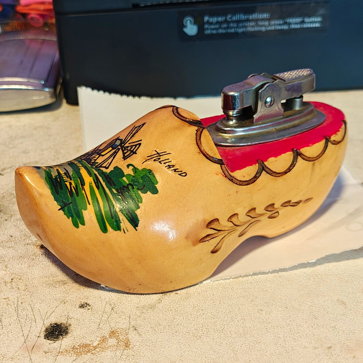 Vintage Dutch Wooden Shoe Table Lighter Hand Painted Holland Motif Brown Red 6\