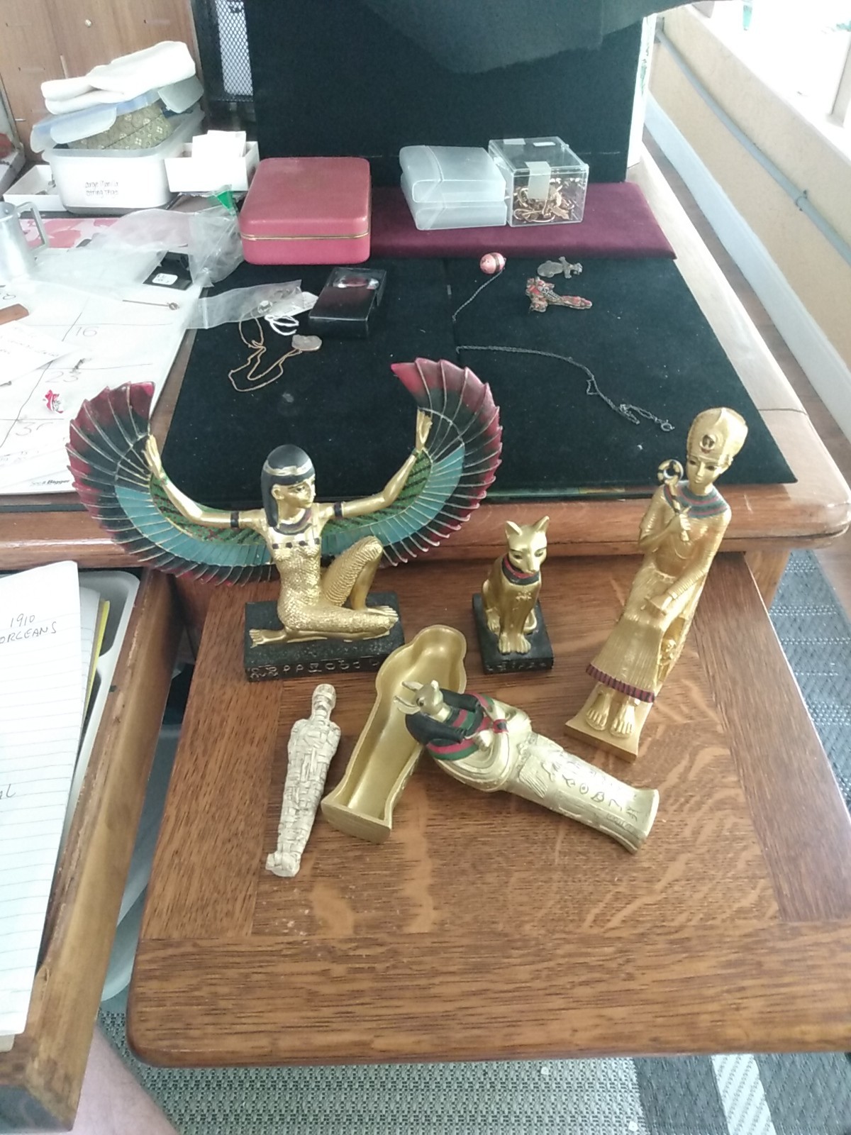 Vintage Lot Of 4 Egyptian Figurines Winged God ISIS, Seated Pharoh, Cat, Anubias