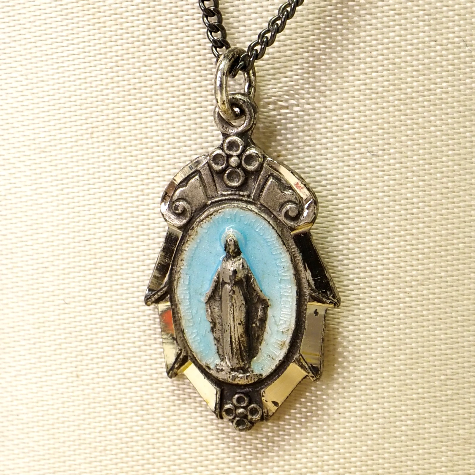 Vintage HMH STERLING SILVER & Enamel Religious Miraculous Medal Pendant Rare
