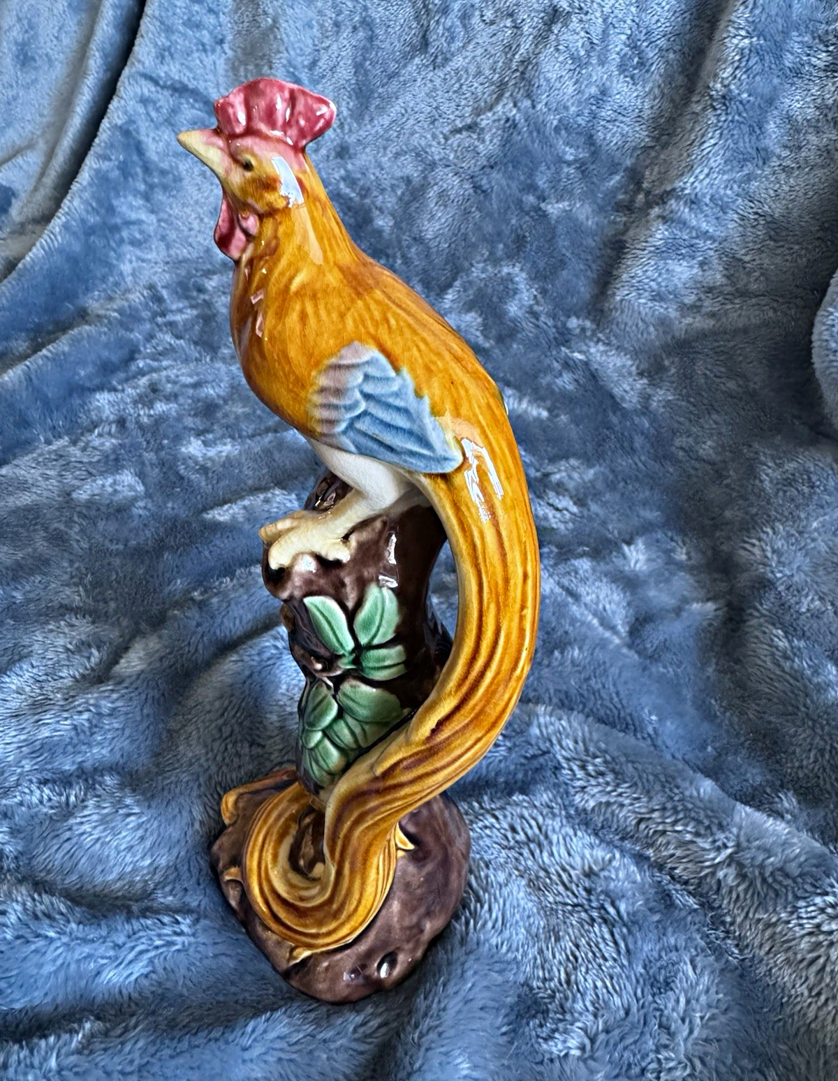 Vintage Chinese Rooster Figurine on Tree Stump Long Tail
