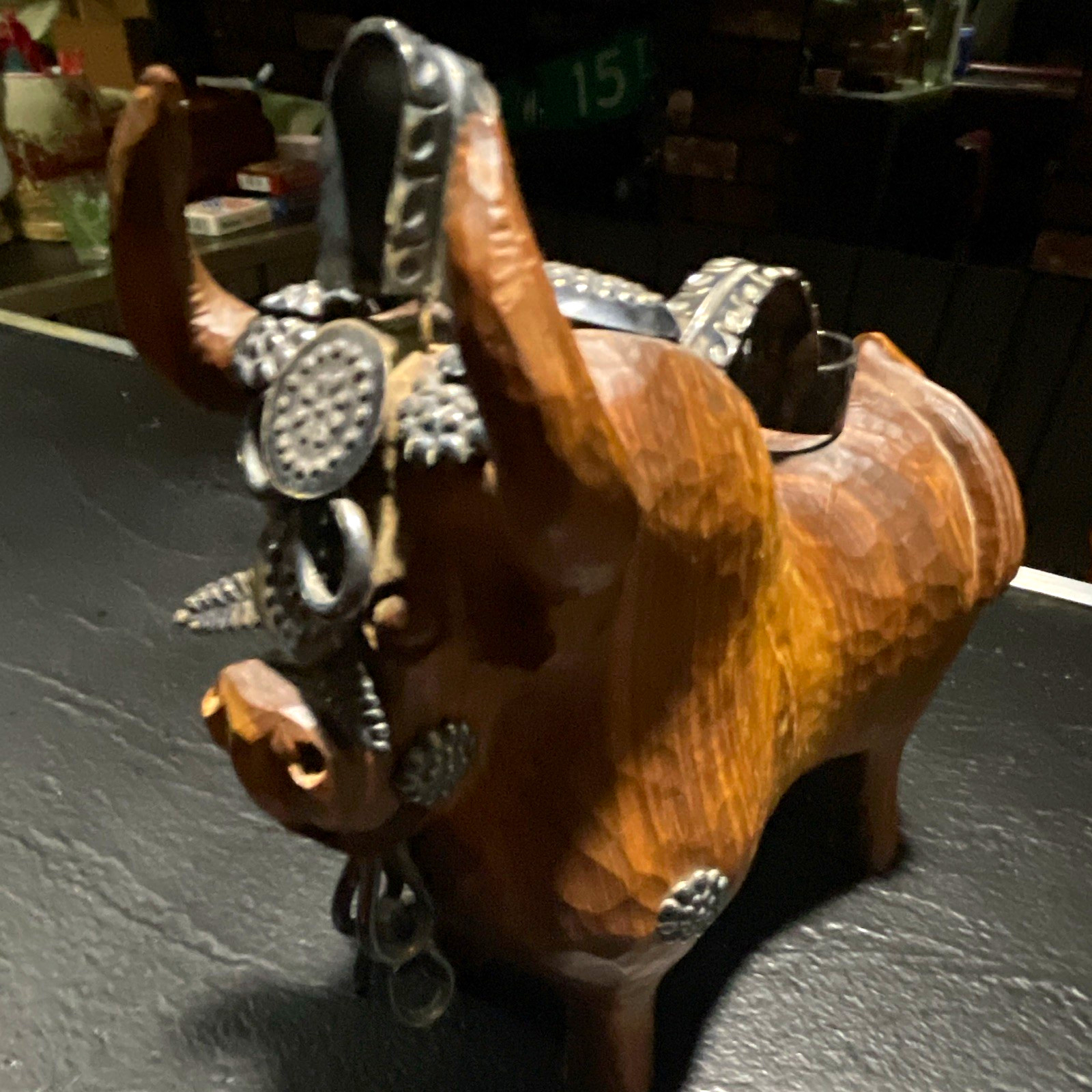 Hand Carved Wooden Cow Figurine with Metal Studded Harness Embellishments