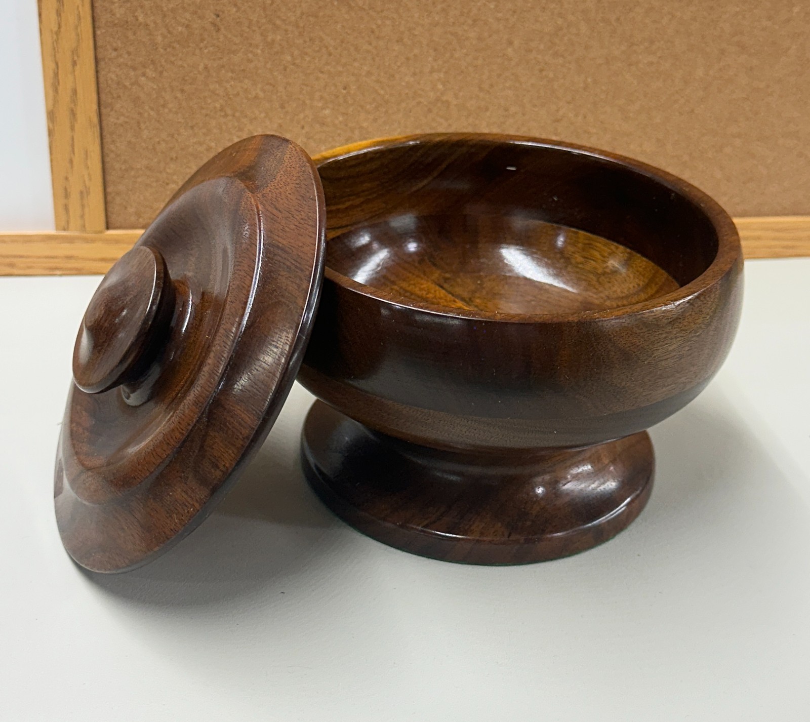 Vintage Hand-Turned Wood Lidded Pedestal Bowl - Mid-Century Modern Trinket Candy