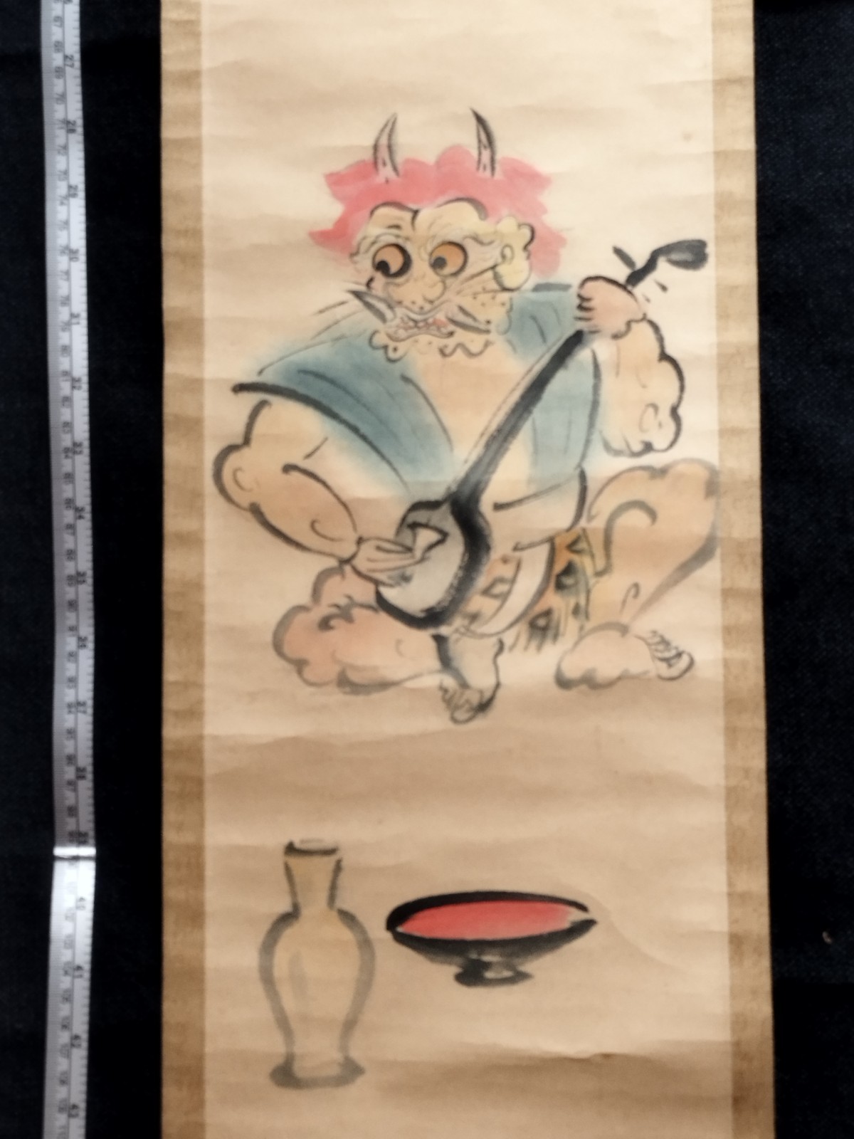 Japanese Hanging Scroll Otsu-e Painting monk demon (oni)  playing &drinking sake