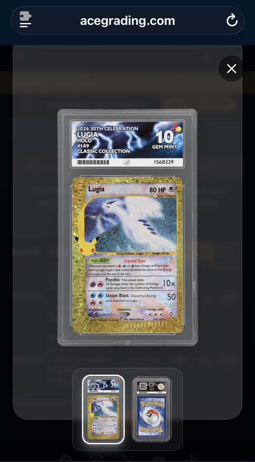 Pokémon TCG Lugia 30th Anniversary Celebrations Classic Collection ACE 10 GRADED