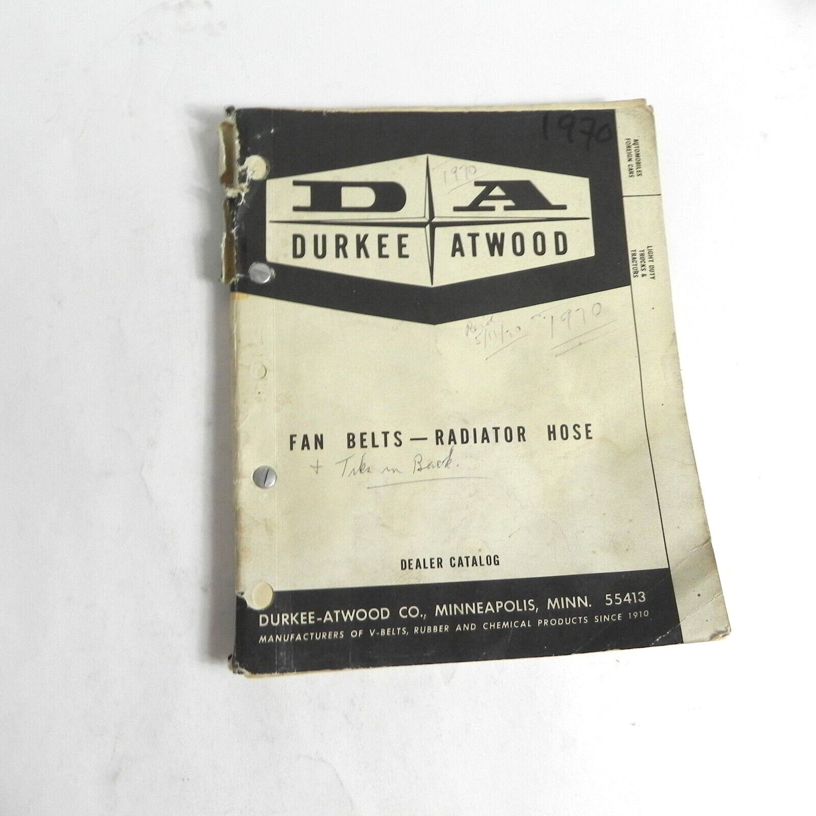 VINTAGE DURKEE ATWOOD FAN BELTS RADIATOR HOSES CATALOG 1950S ALL MAKES 