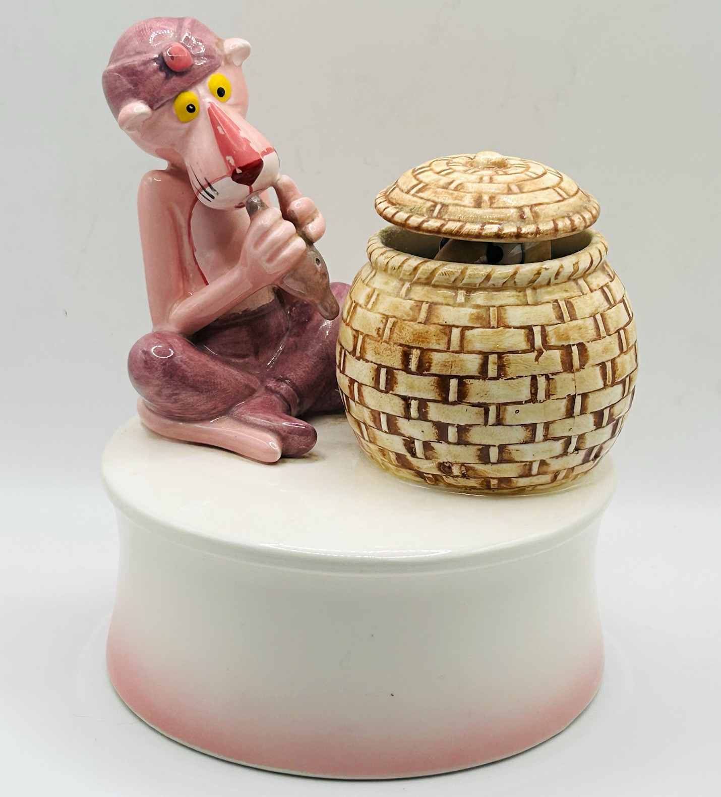 VTG 80s Royal Orleans Pink Panther Snake Charmer Ceramic Wind-Up Music Box 