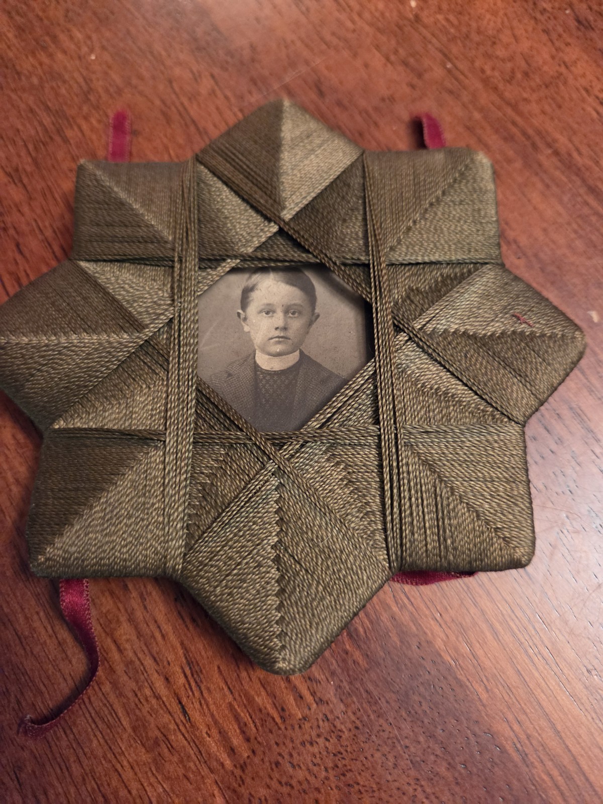 Antique Victorian Tramp Art Threaded Silk Starburst Frame Young Boy Photo 