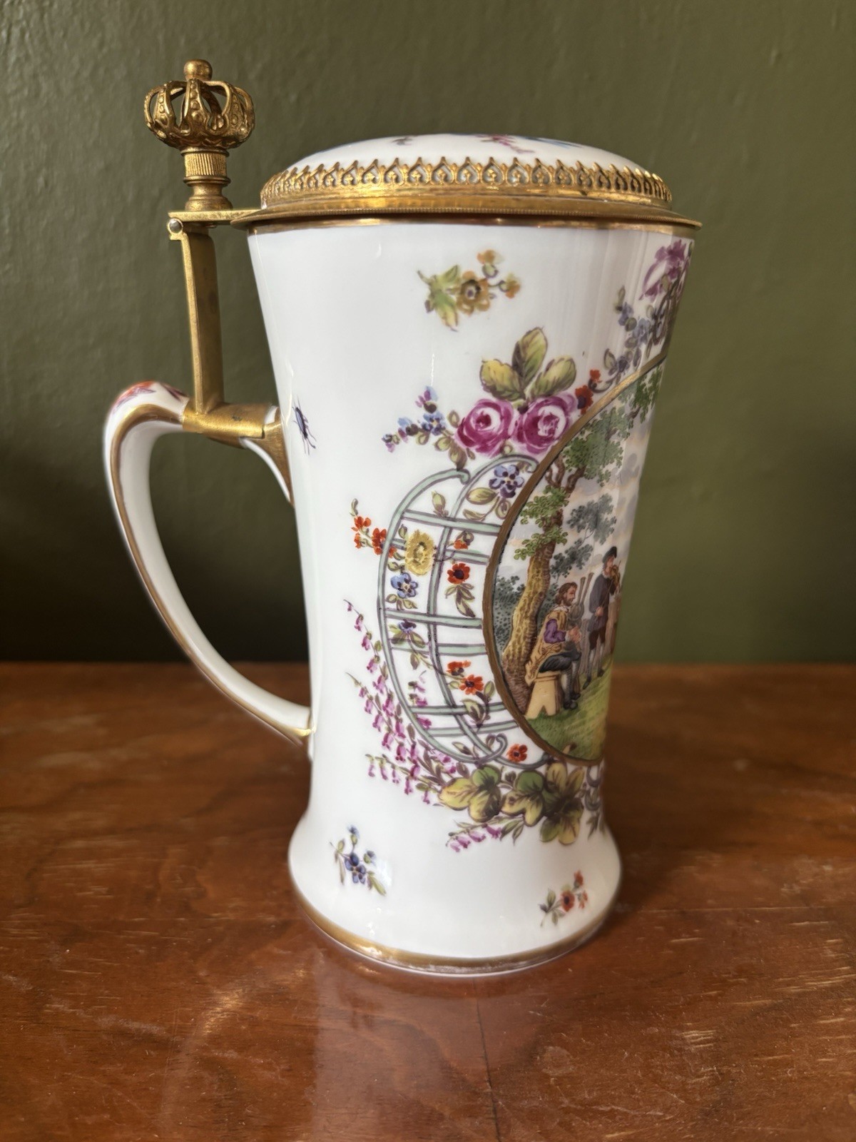 RARE Vintage KPM Berlin Lidded Stein Porcelain Gilt Edged Floral Dancing Figures
