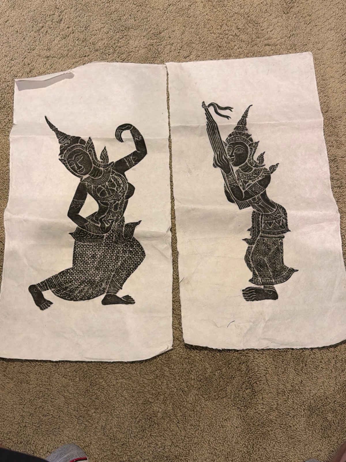 Pair Vintage Thai Temple Rubbings - Charcoal on Rice Paper - Temple Dancers