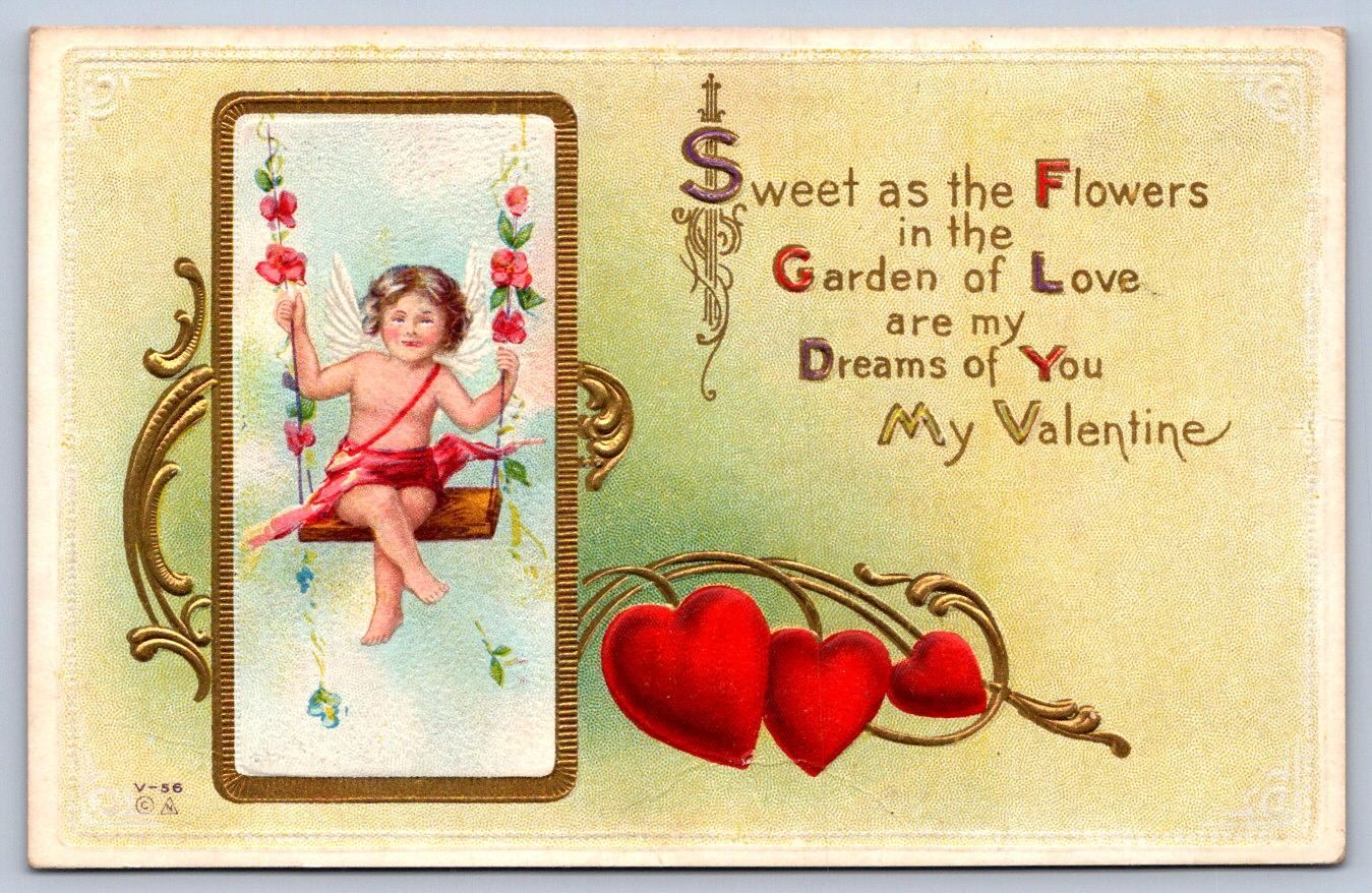 Valentine\'s Day Postcard c1910 Embossed Cupid on Swing Hearts Antique Love