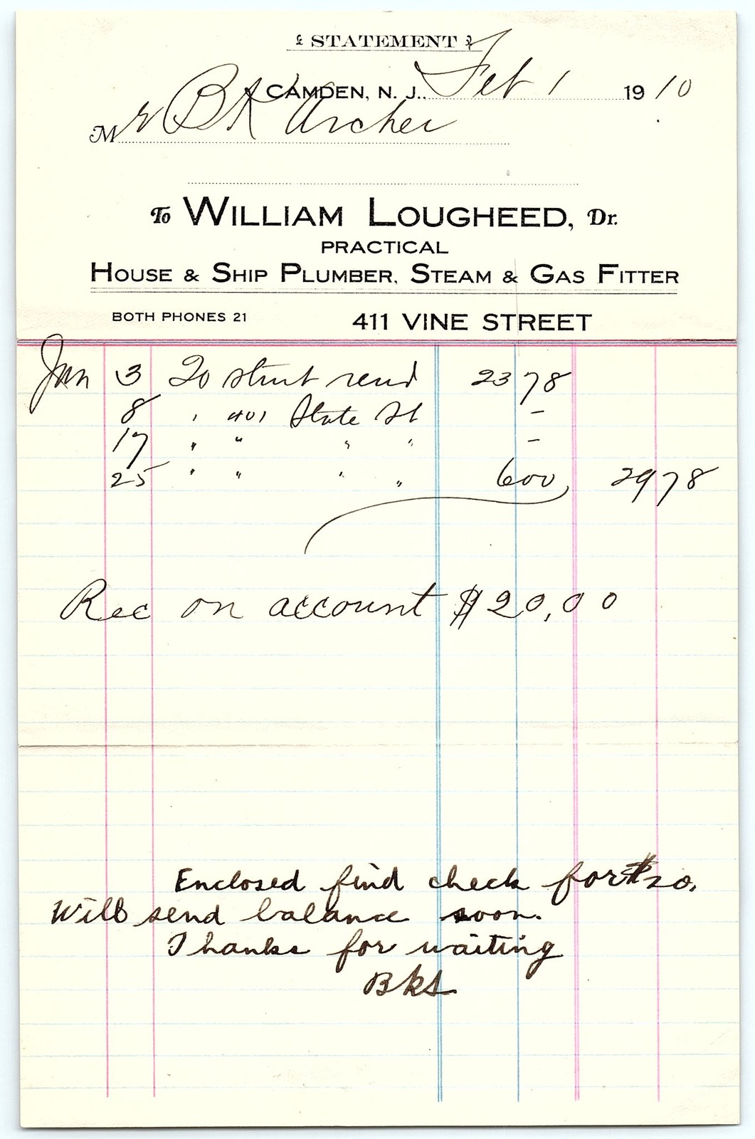 1910 Camden, NJ plumber billhead for B.K. Archer