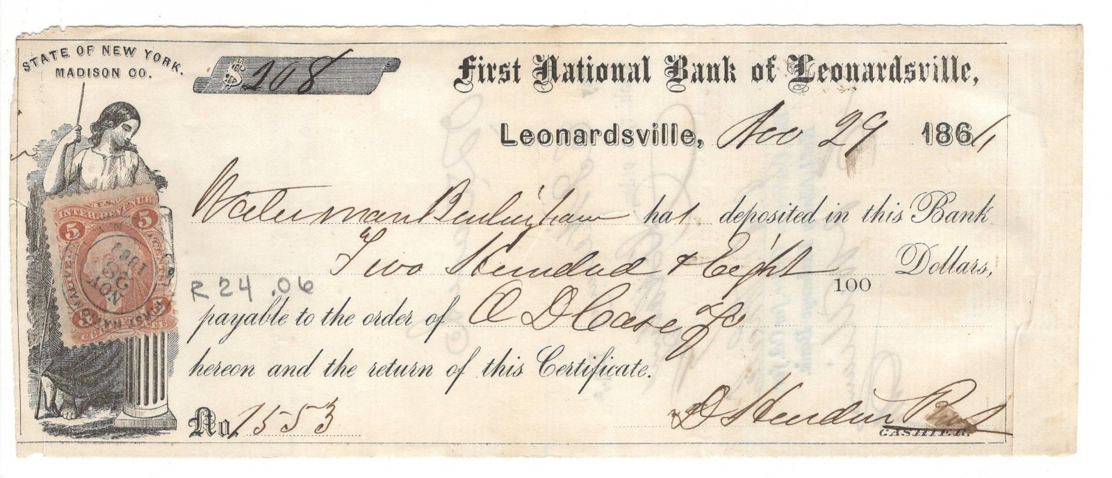 1864 Civil War Era Check Deposit Slip w/ Revenue Stamp Rare, Nice 