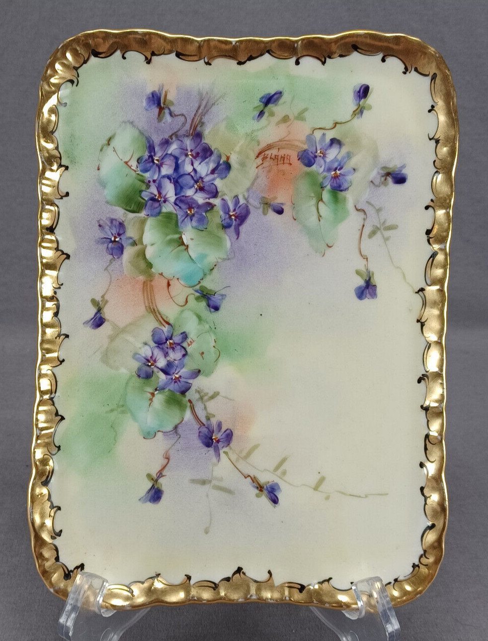 Limoges Hand Painted Artist Signed Violet Flowers & Gold Small Dresser Tray 