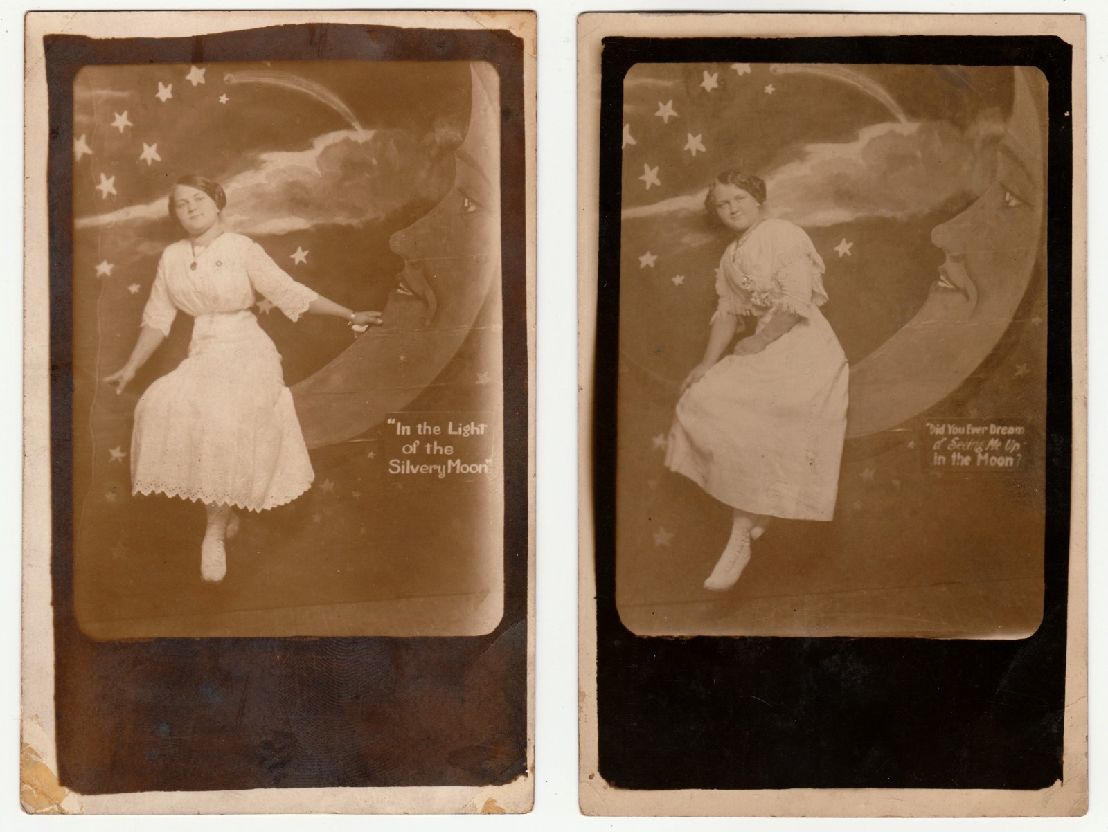 1910s Paper Moon RPPC Pair Same Woman Chicago Kamin Studio Man in Moon