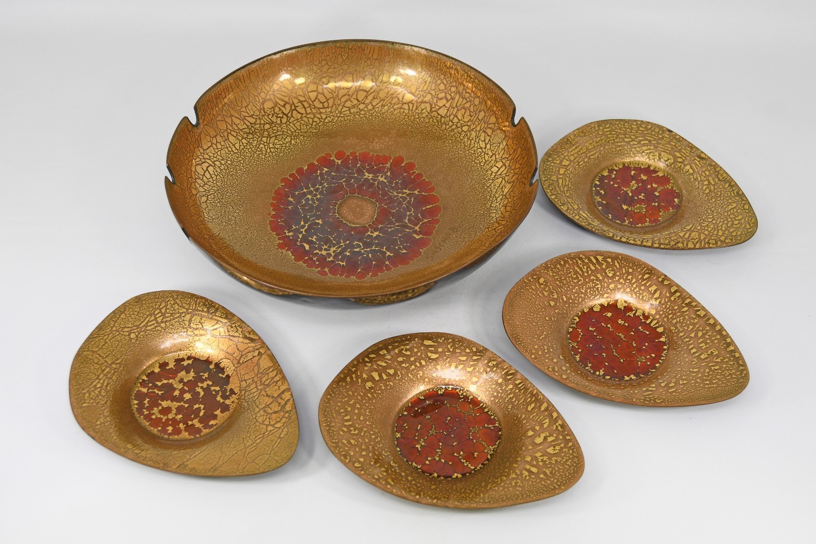 Sascha Brastoff Enameled Copper Ashtray Set Gold Orange Crackle Mid Century VTG