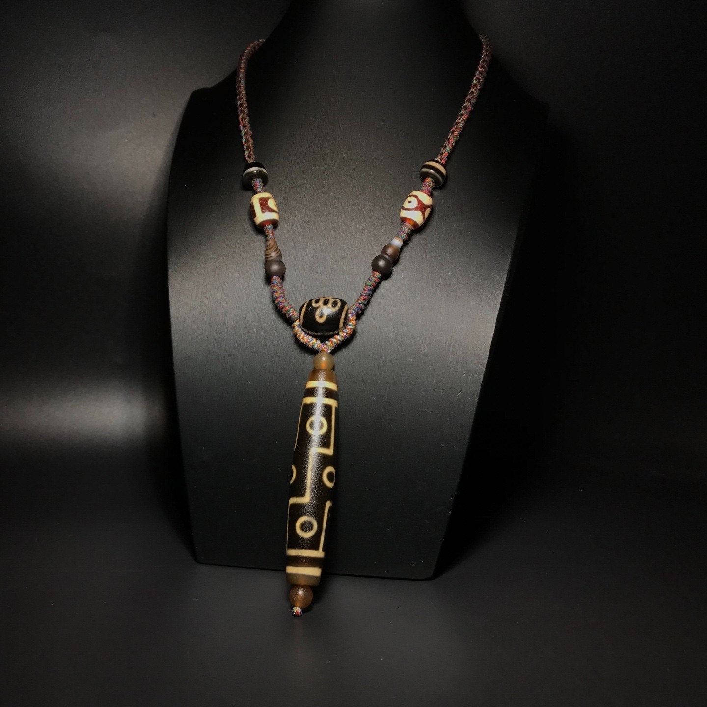 Vintage Old Agate Dzi Beads 9 Eyed Amulet Necklace Pendant Hand Woven 16×77mm