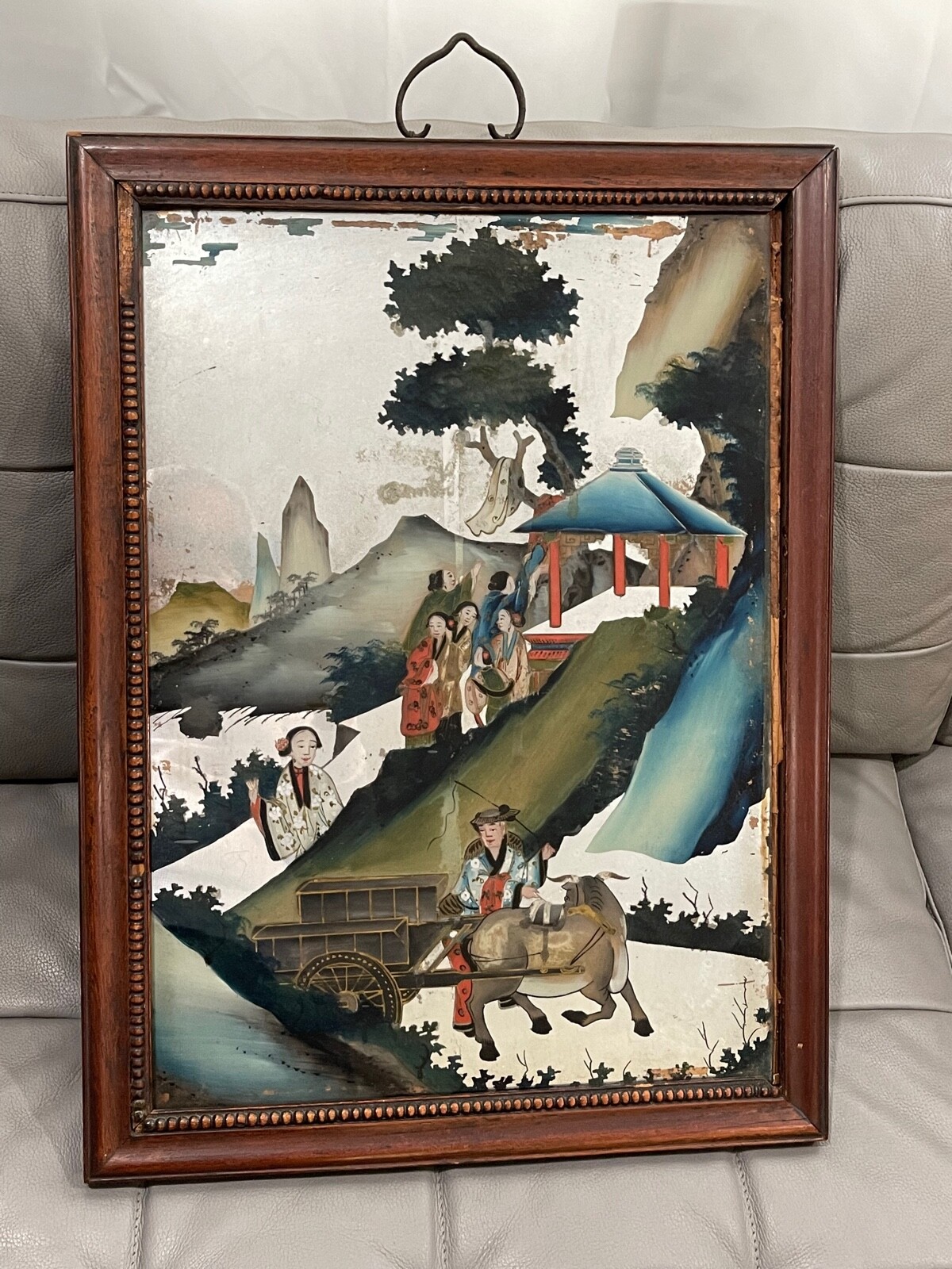 Antique Chinese Reverse Painted Glass Painting w Man Donkey Cart Women Landscape