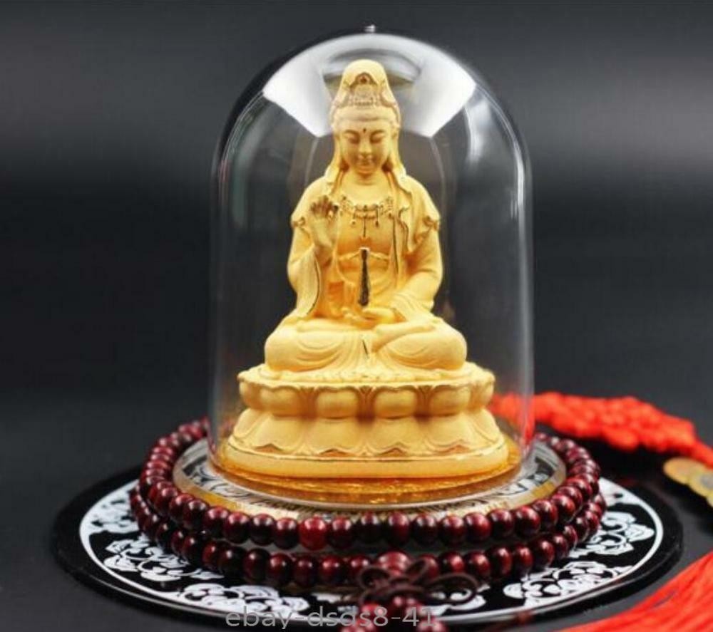 1pc 10cm Copper Statue Home Car Luck Golden Guan Yin Buddha Feng Shui Statue