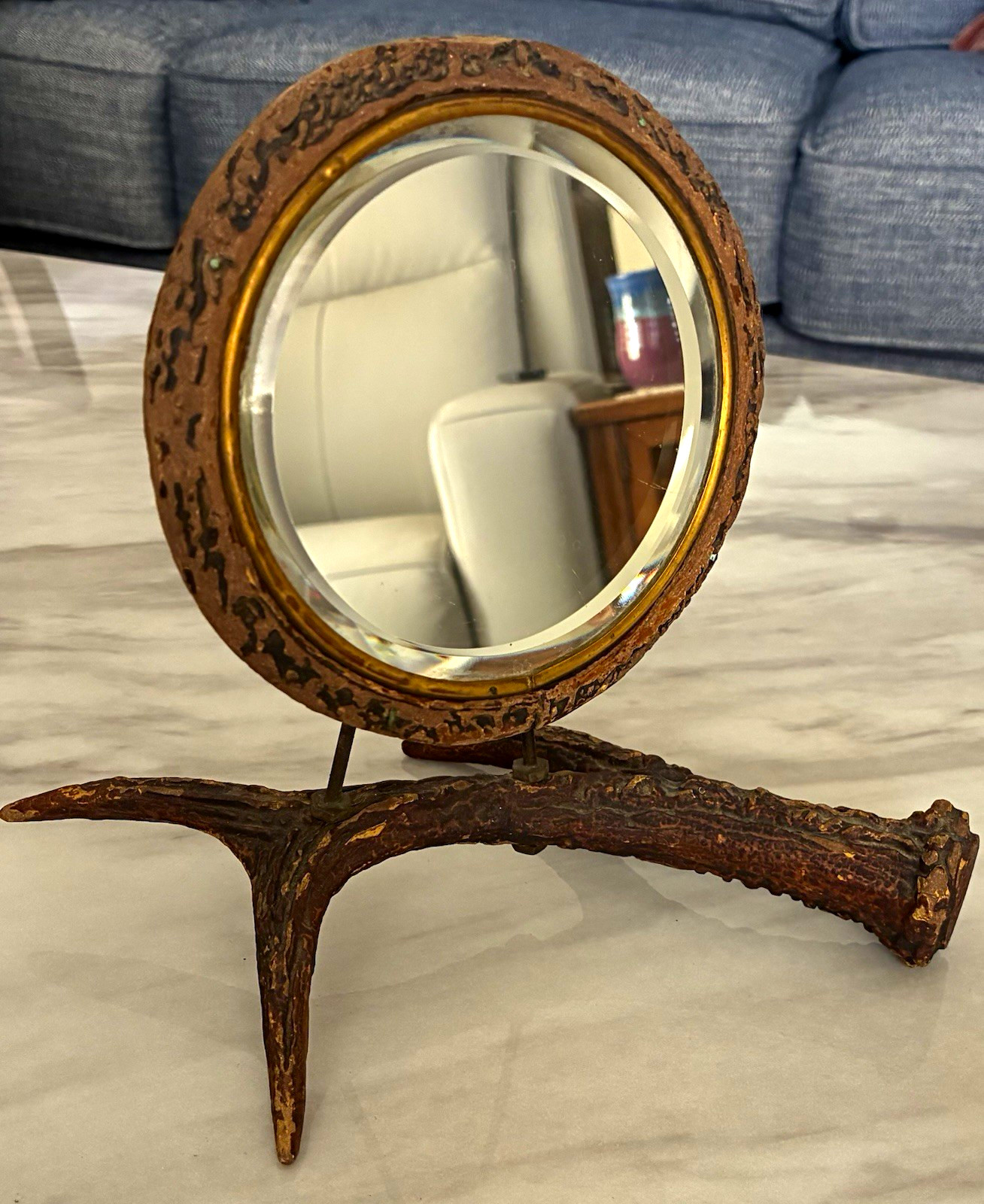 Ornate Antique Victorian Round Tabletop Antler Beveled Mirror On Stand