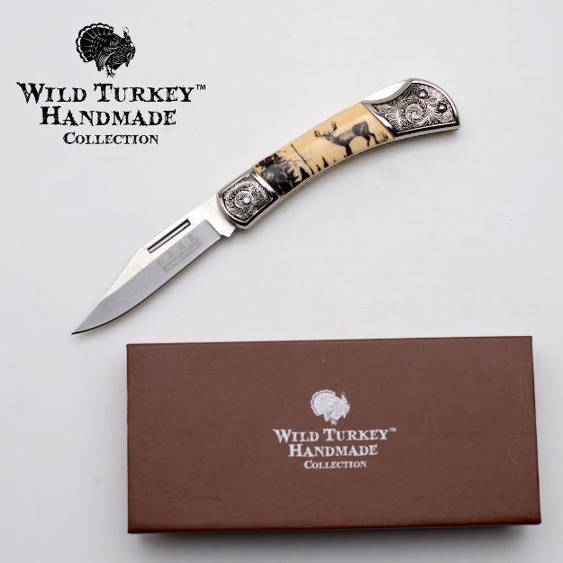 Wild Turkey Scrimshaw Style Manual Folding Knife-Deer Artwork Handle + Bolster