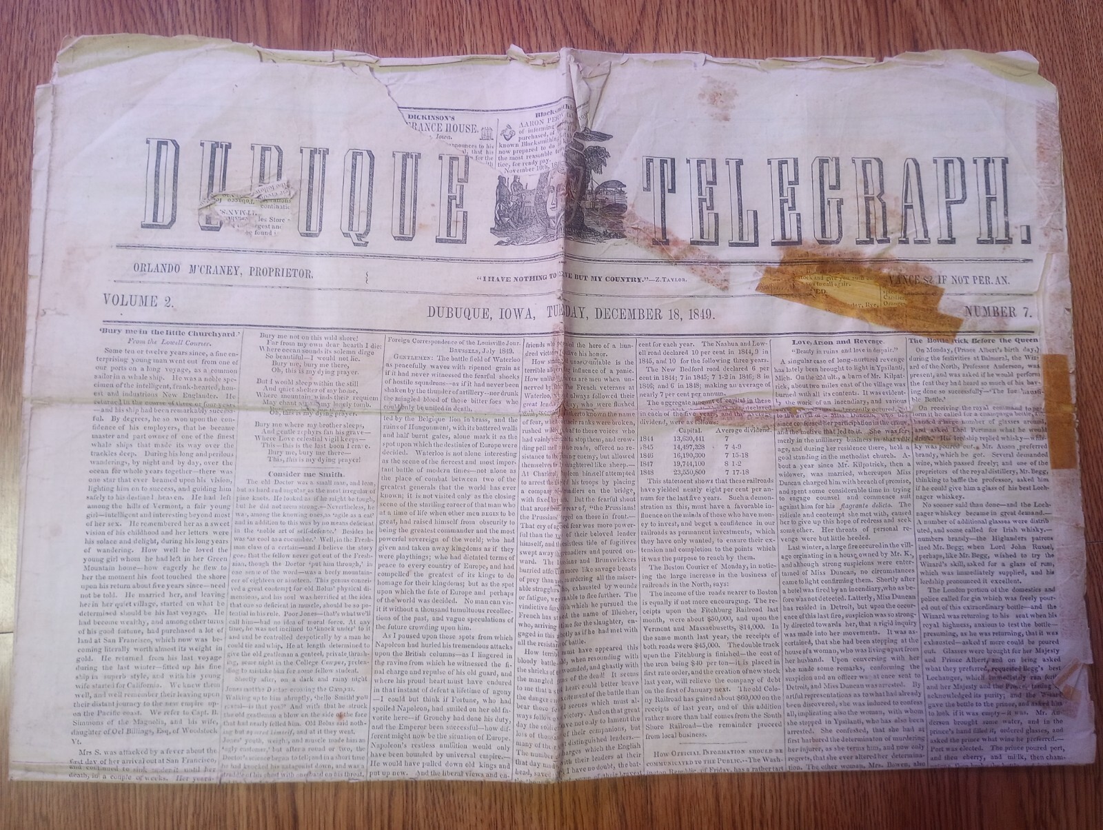 Dubuque Telegraph Tuesday December 18th, 1849 Antique Original Newspaper Rare