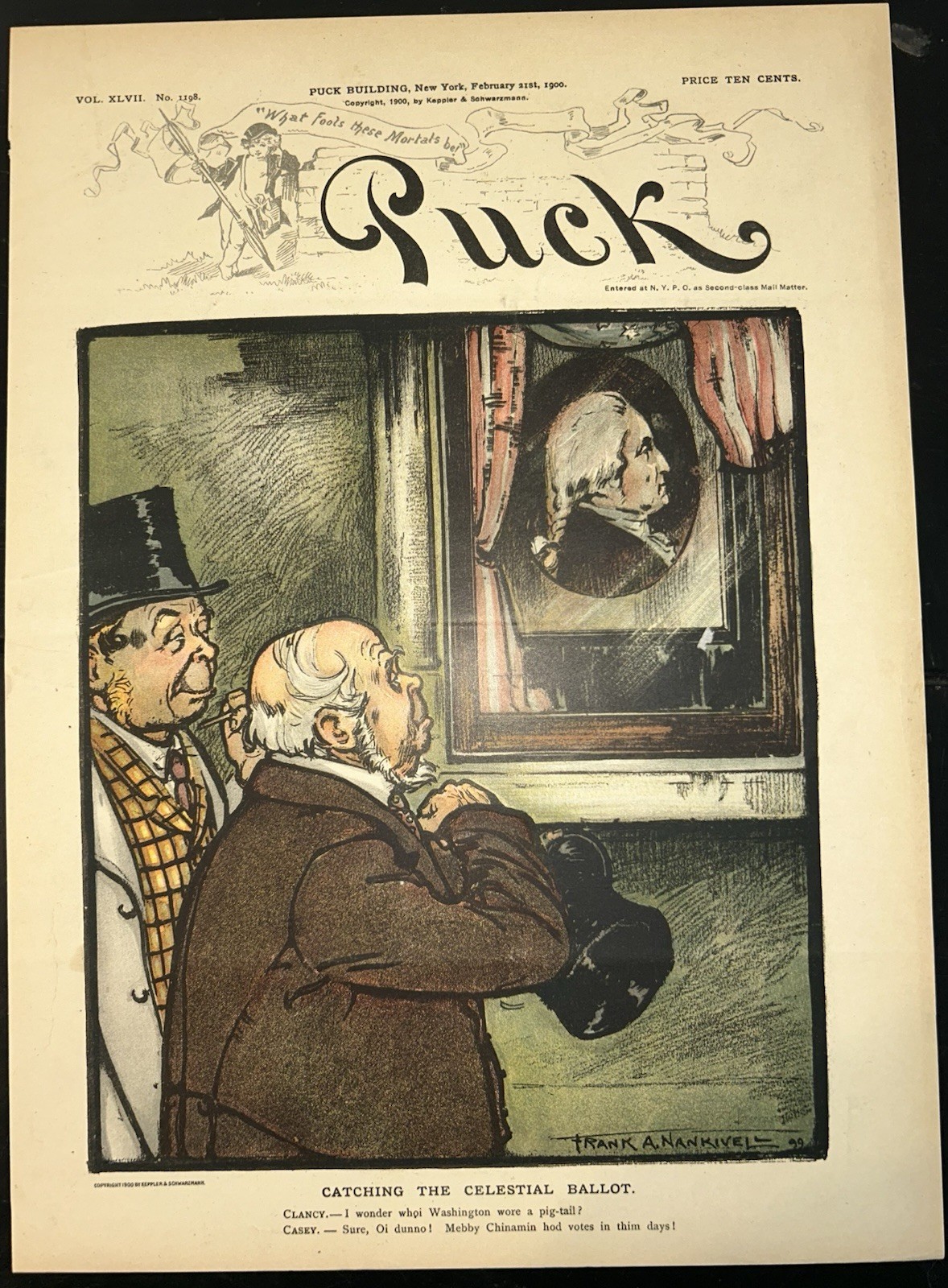 1900 Puck Mag Cover - George Washington w Pigtail As Chinese Man For VOTES