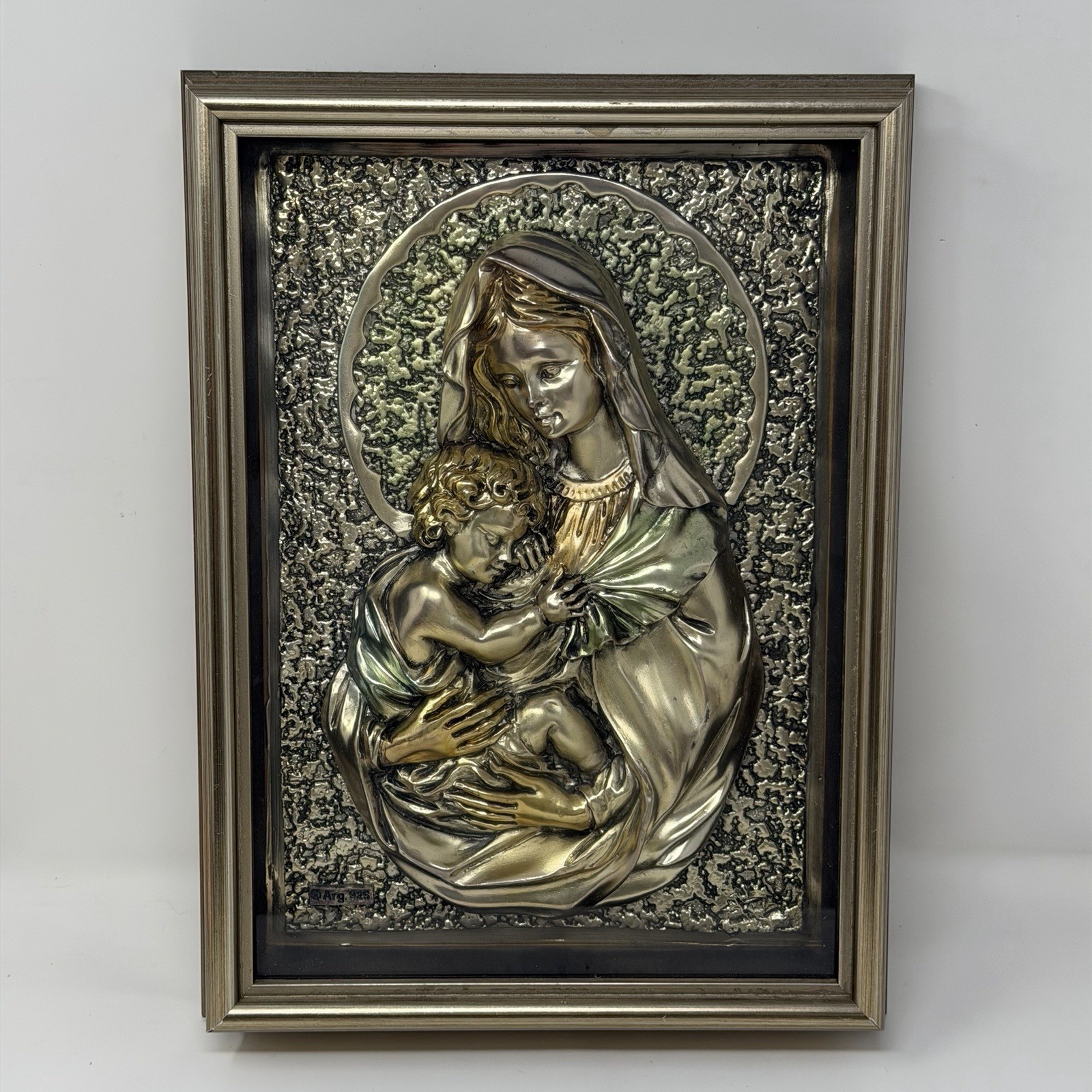 Vintage Italian 925 Silver Madonna and Child Framed 3D Relief Plaque Art 10x13
