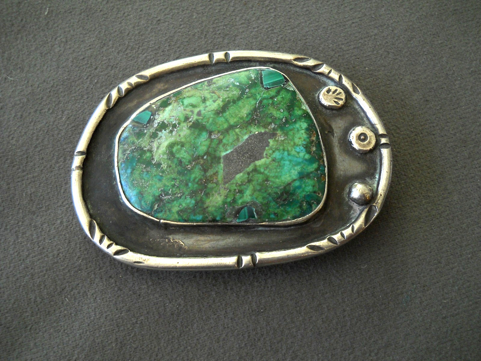 Old Native American Chrysocolla & Malachite Sterling Silver Chased Belt Buckle