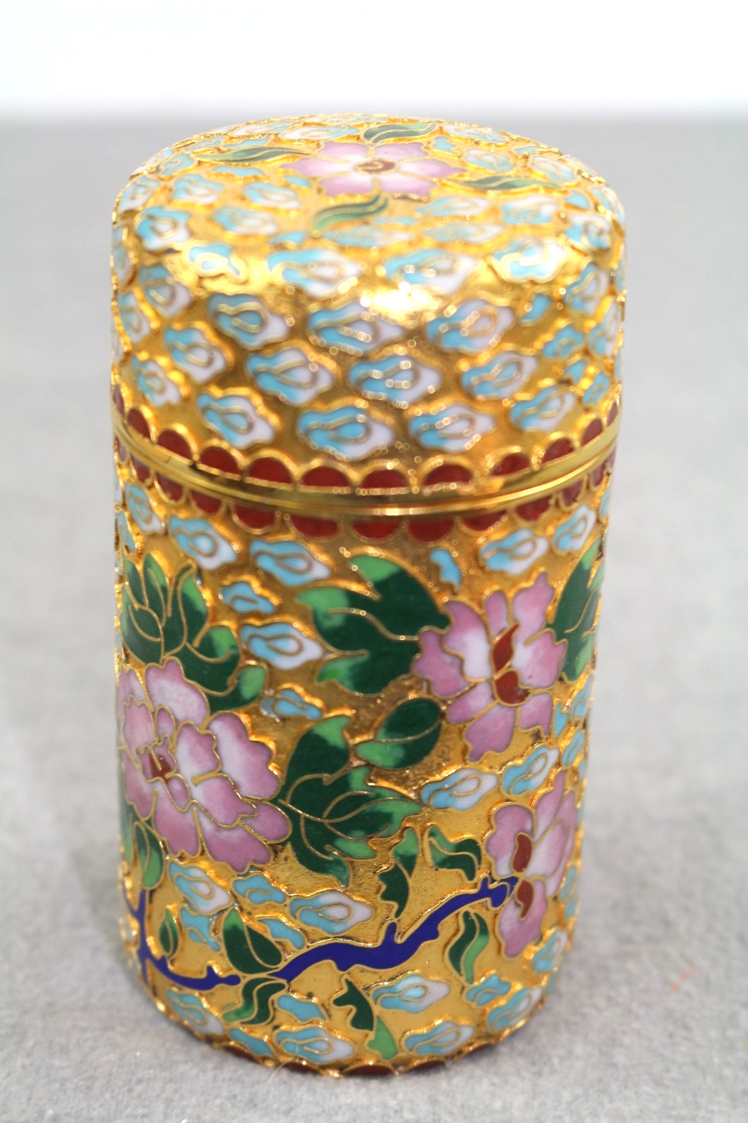 Vtg Chinese Cloisine Gold Multicolored Floral Enamel Matchstick Holder 4\
