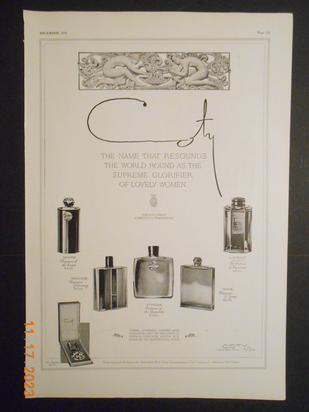 1928 COTY perfume vintage print ad Chyre L'Aimant Emeraude L'Origan Paris bottle