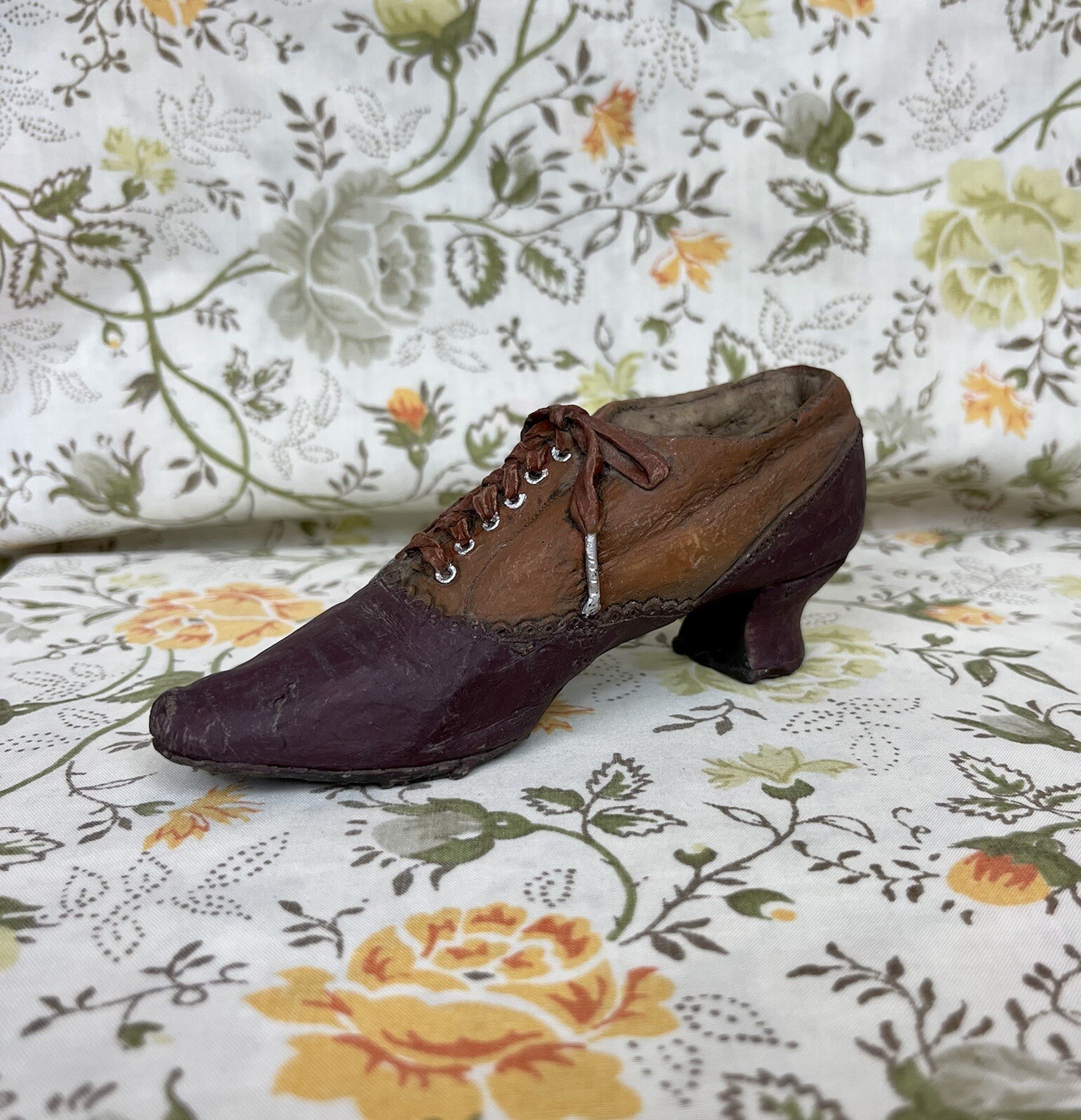 Vtg 1990s Victorian Shoe Sculpture Clay Resin Brown Womens Figurine Paper Weight