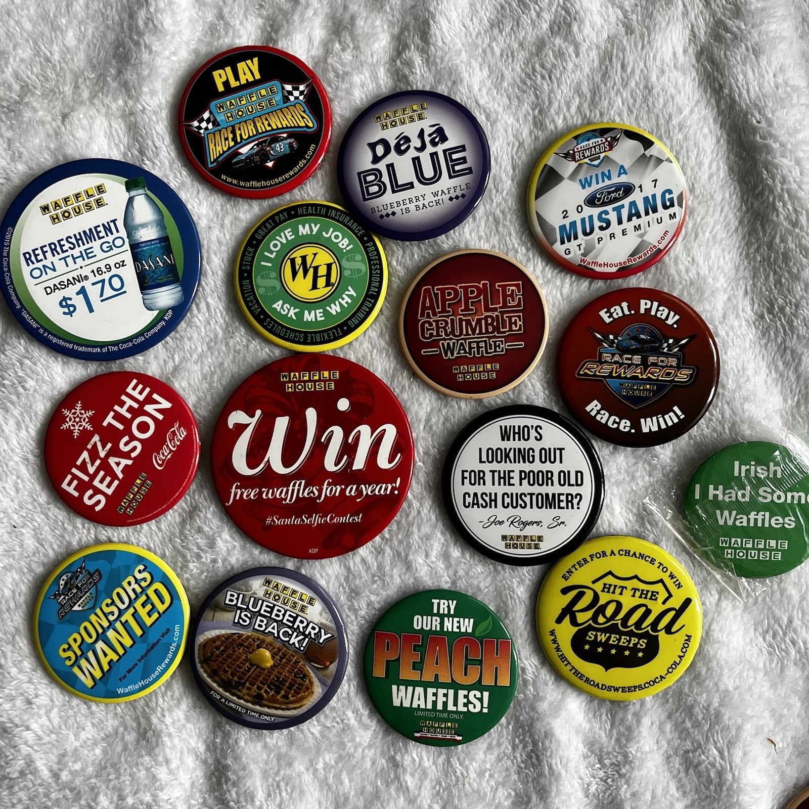 Waffle House 2”-3” Buttons Pins Lot of 15 Apple Crumble Blueberry Peach Racing