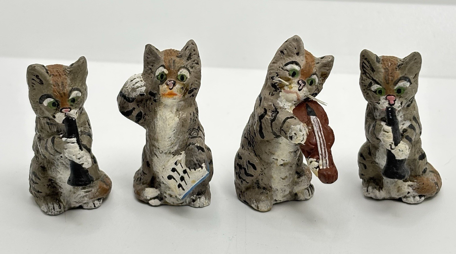 4 Antique Musical Cat Putz Figurines Germany Miniature 1.75” Dollhouse