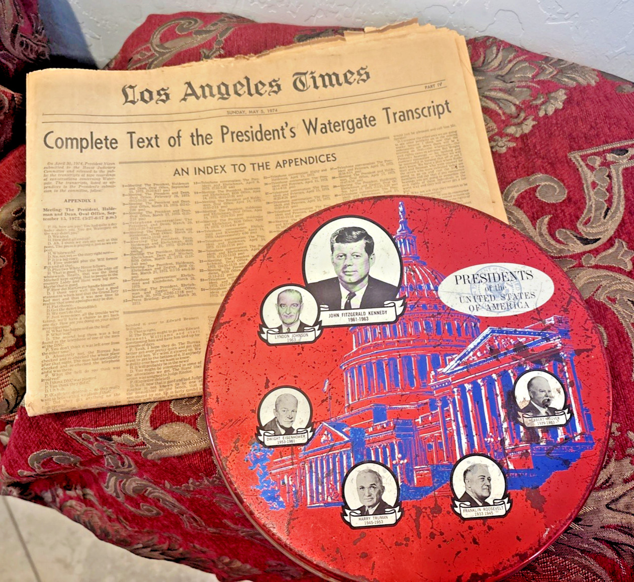 Watergate LA Times 1974 Complete/Rare 1963 Kennedy/US Presidents Tin Educational