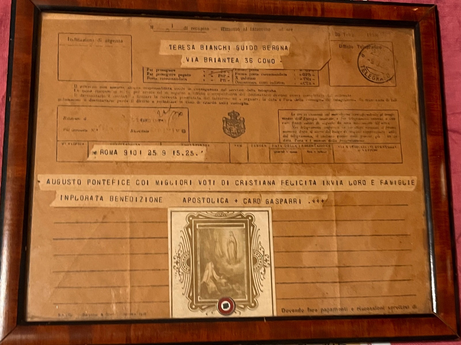 RARE telegram from Pope Pius XI with holy relic of St. Bernadette : wood frame 