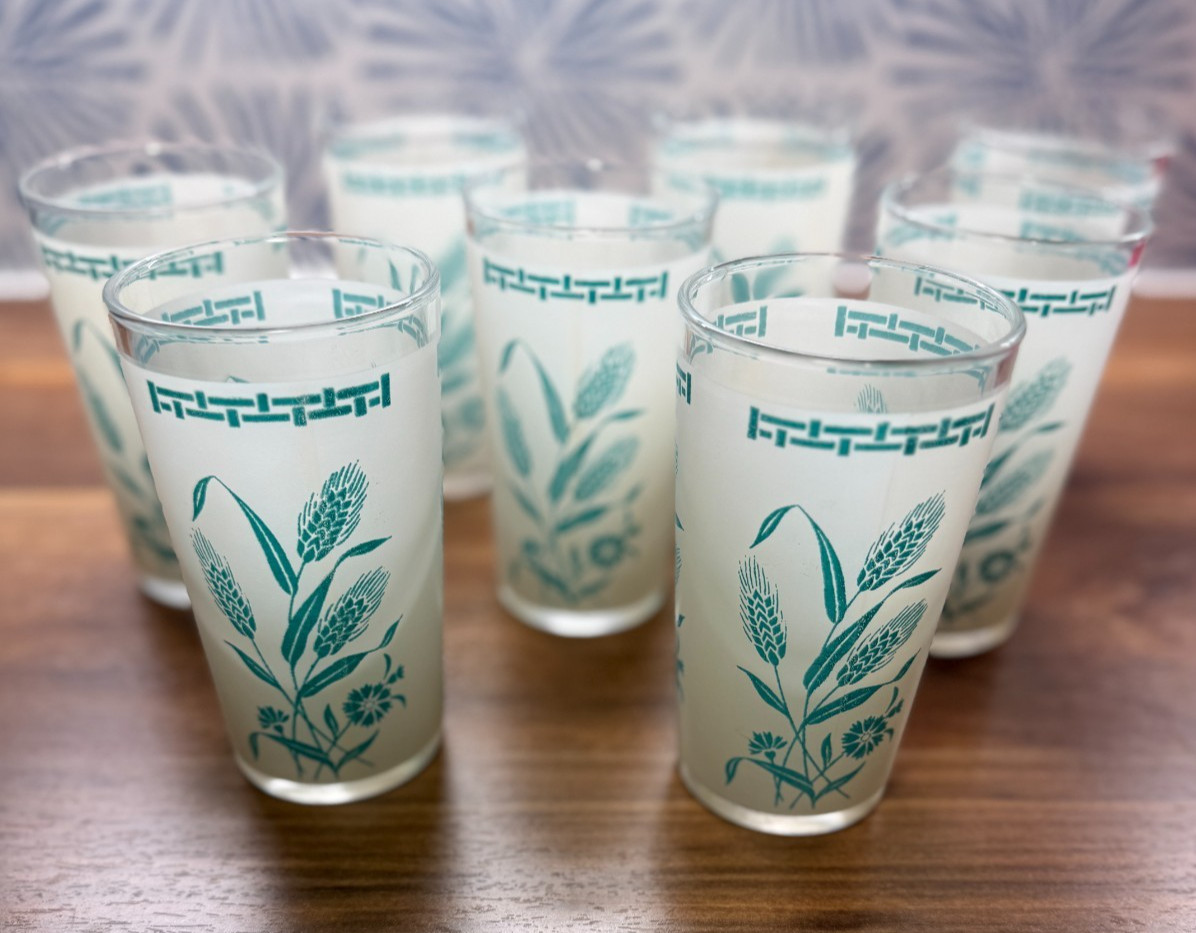 Vintage Hazel Atlas Mid Century Frosted Tumblers Turquoise Wheat Set of 8 +1 Xtr