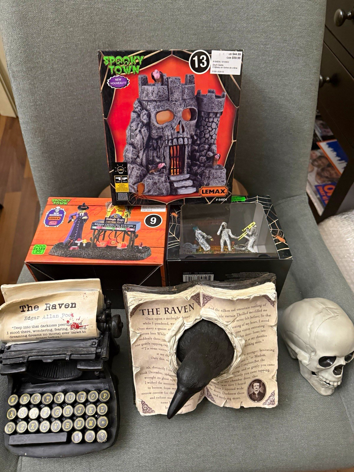 Halloween Decorations lot of 6 Lemax Villages Raven Skulls Typewriter NEW  
